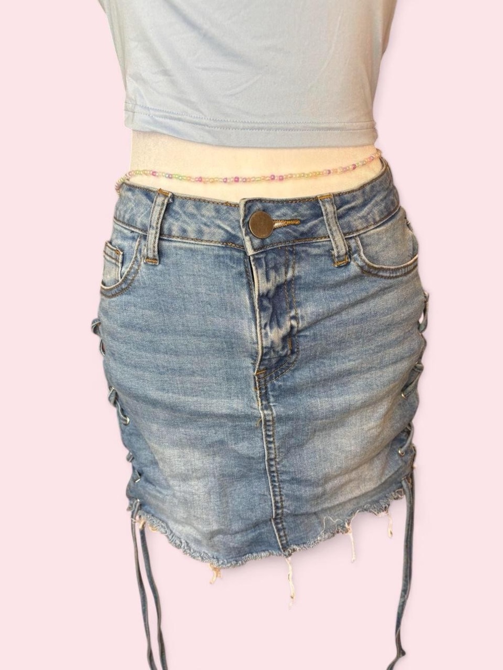 Windsor Light Blue Denim Lace-Up Distressed Mini Skirt